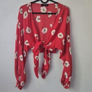 Bershka Red Floral Tie-Front Blouse